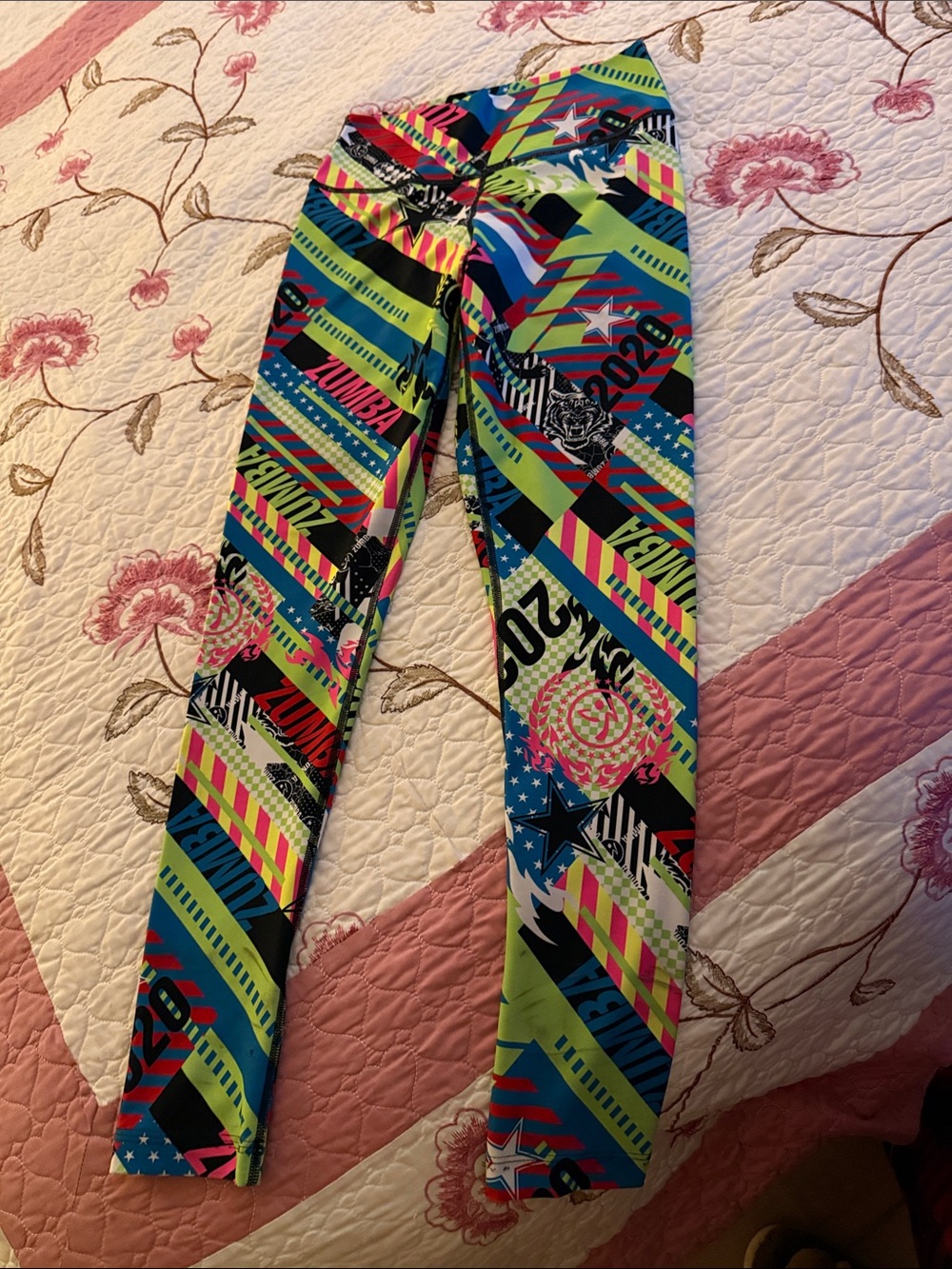 Zumba Fitness Neon Stripe Graphic K Leggings - Green Blue Pink Yellow Black